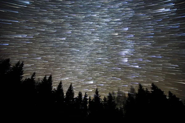 Gece Gökyüzünde Yıldız Izleri Karpatlar Ormanlarında — Stok fotoğraf