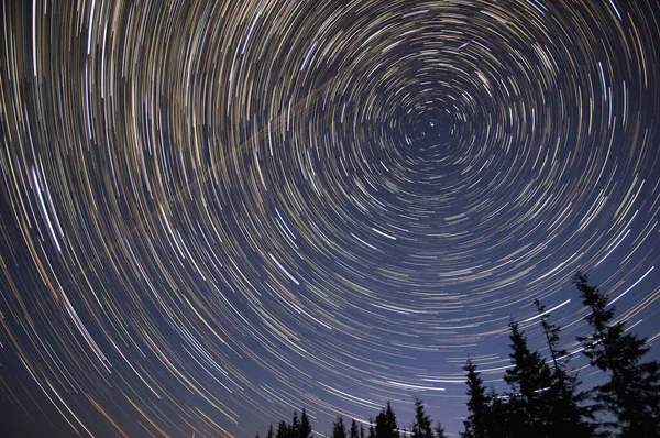 Sentieri Stellari Nel Cielo Notturno Nella Foresta Dei Carpazi — Foto Stock