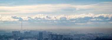 İvano-Frankivsk şehrinin panoraması bir kış günü sisli bir havada