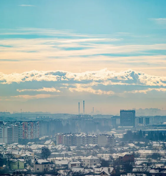 Panorama of the city of Ivano-Frankivsk in the haze on a winter day