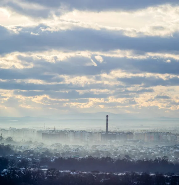 Panorama of the city of Ivano-Frankivsk in the haze on a winter day