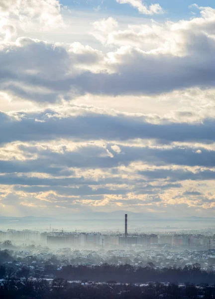 Panorama of the city of Ivano-Frankivsk in the haze on a winter day