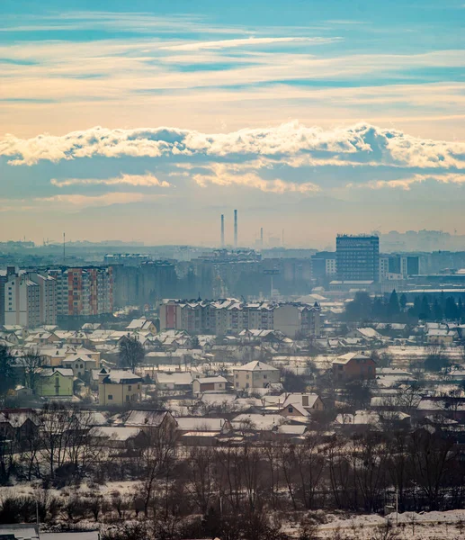 Panorama of the city of Ivano-Frankivsk in the haze on a winter day