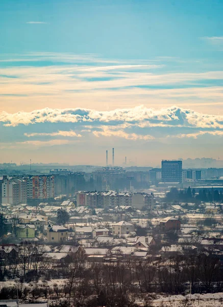 Panorama of the city of Ivano-Frankivsk in the haze on a winter day