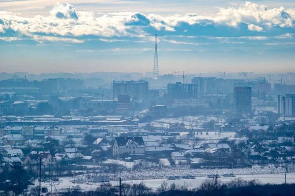 Ville Européenne Partir Une Hauteur Smog Jour Hiver — Photo