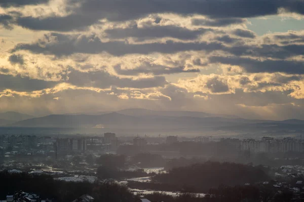 Europeisk Stad Från Höjd Smog Vinterdag — Stockfoto