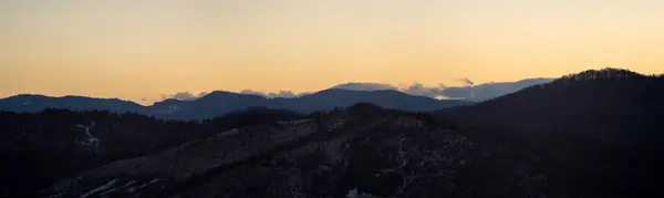 Panorama Silhueta Das Montanhas Dos Cárpatos Floresta Fundo Pôr Sol — Fotografia de Stock