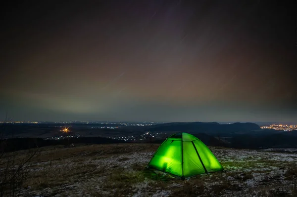 Tente Sur Les Sentiers Des Étoiles Hiver Sur Une Montagne — Photo