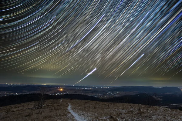 Senderos Estrellas Cielo Una Noche Estrellada Ucrania — Foto de Stock