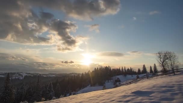 Solnedgång Vintern Karpaterna Ukraina Högkvalitativ Film — Stockvideo