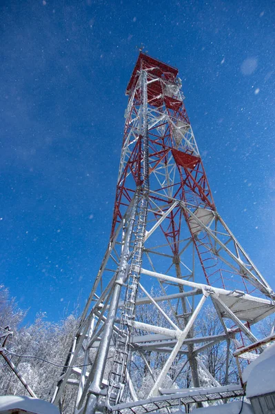 Televisão Congelada Torre Celular Inverno Nas Montanhas Dos Cárpatos — Fotografia de Stock