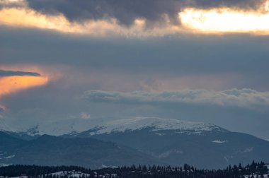 Kışın ağaçların siluetleri Karpat dağlarında gün batımında bulutların arka planına karşı