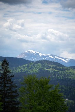 Karpatlar 'ın güzel manzarası bir bahar günü kar altında.
