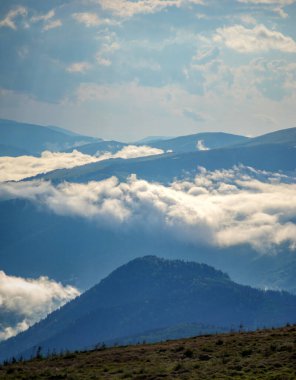 Karpat Dağları 'nın güzel manzarası yaz mevsiminde sisli ve sisli.