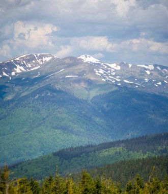 Karpat Dağları 'nın güzel manzarası Yazın kar ve sislerin içinde