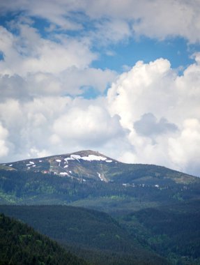 Karpat Dağları 'nın güzel manzarası Yazın kar ve sislerin içinde