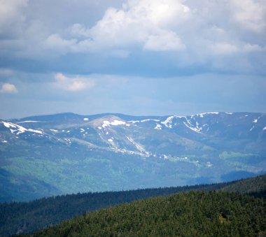 Yeşil bir ormanın arka planında karda bahar dağları. Ukrayna 'daki Karpatlar' ın güzel manzarası.