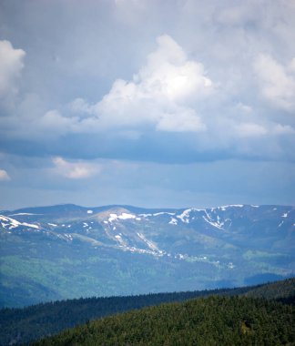 Yeşil bir ormanın arka planında karda bahar dağları. Ukrayna 'daki Karpatlar' ın güzel manzarası.