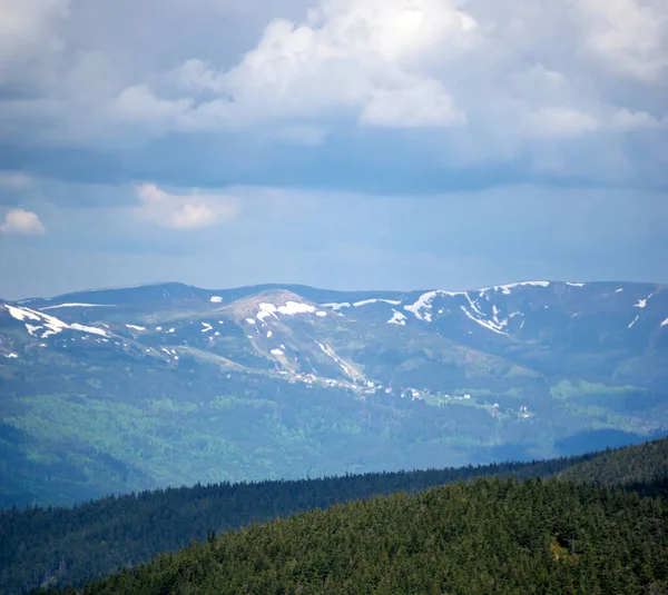 Montañas Primavera Nieve Fondo Bosque Verde Hermoso Panorama Las Montañas — Foto de Stock