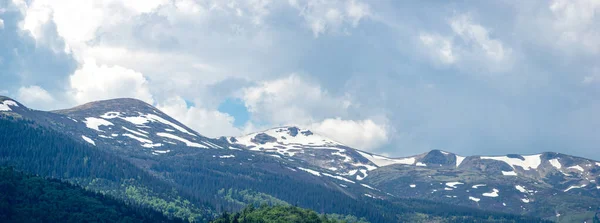 Frühlingsberge Schnee Vor Dem Hintergrund Eines Grünen Waldes Schöne Aussicht — Stockfoto