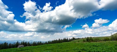 Dağ çayırının manzarası, mavi gökyüzü ve bulutlar. Dağın manzarası. Seyahat ve tatil dağlarda.
