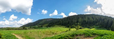 Dağ çayırının manzarası, mavi gökyüzü ve bulutlar. Dağın manzarası. Seyahat ve tatil dağlarda.