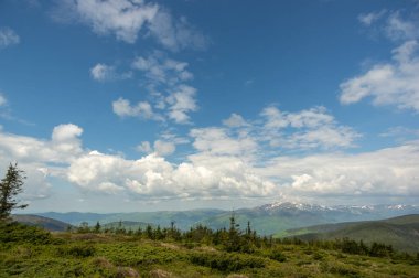 Dağ çayırı, mavi gökyüzü ve bulutlar. Dağın manzarası. Seyahat ve tatil dağlarda.