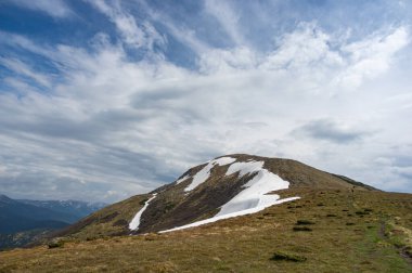 Karda bahar dağları ve yeşil çimenler. Ukrayna 'daki Karpatlar' ın güzel manzarası.