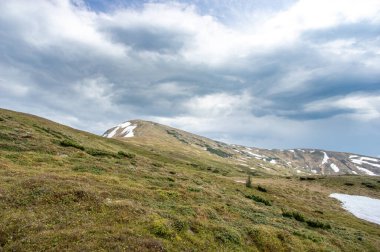 Yeşil bir ormanın arka planında karda bahar dağları. Ukrayna 'daki Karpatlar' ın güzel manzarası.