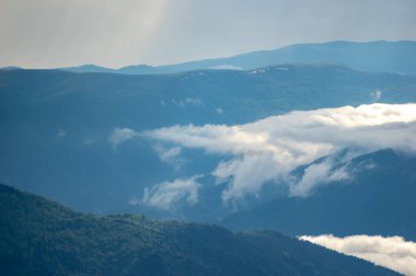 Karpat Dağları 'ndaki bir dağ sırasındaki sis. Güzel manzara