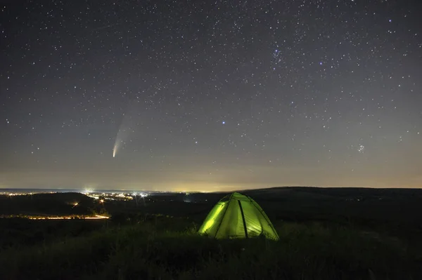 Night Landscape Tent Background Starry Sky City Lights Hill — Foto de Stock