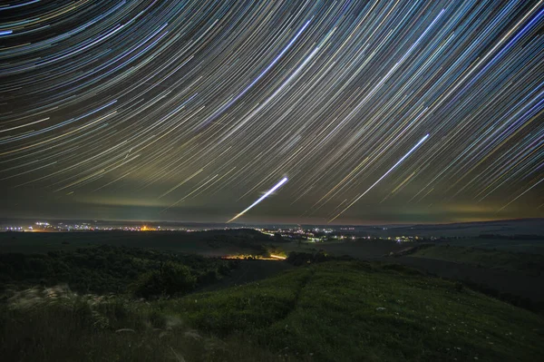 Beautiful Night Landscape Trails Stars Sky City Lights — Foto de Stock