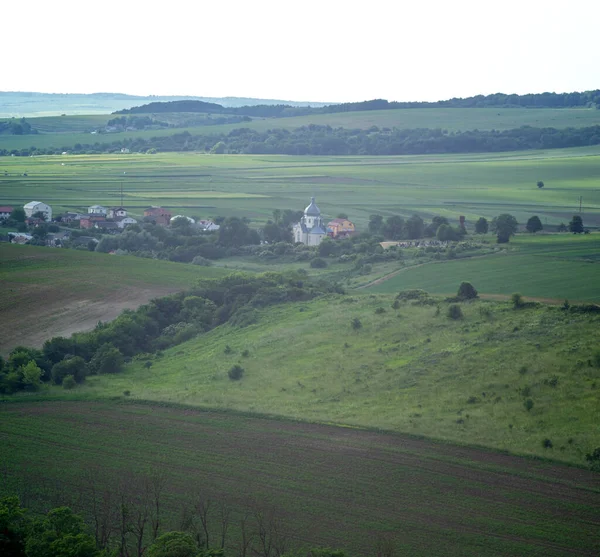 Panorama Ängar Fält Och Den Lilla Staden Rohatyn Solig Dag — Stockfoto