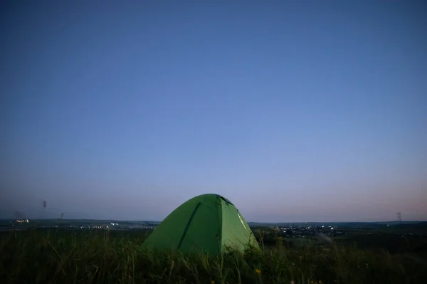 Tent City Fields Dawn Morning Landscape — Φωτογραφία Αρχείου