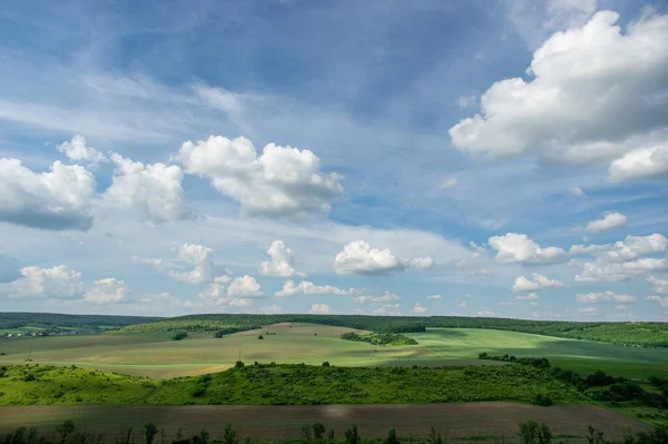 Sommerlandschaft Und Weiße Wolken Über Grünen Feldern Der Ukraine — Stockfoto