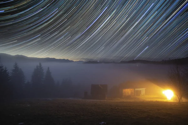Foggy Night Star Trails Rural House Ukrainian Carpathians Beautiful Landscape — Stock Photo, Image