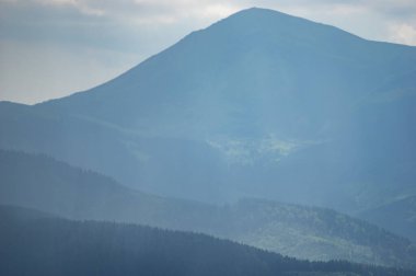 Carpathian mountains and forests in the haze on a summer day, beautiful landscape