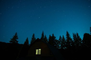 Beautiful night landscape, house among the forest against the background of the starry sky in the carpathians
