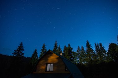 Beautiful night landscape, house among the forest against the background of the starry sky in the carpathians