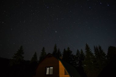 Beautiful night landscape, house among the forest against the background of the starry sky in the carpathians