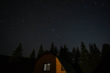 Beautiful night landscape, house among the forest against the background of the starry sky in the carpathians