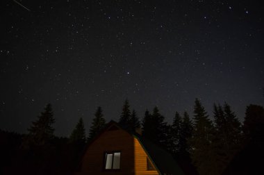 Beautiful night landscape, house among the forest against the background of the starry sky in the carpathians