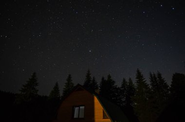 Beautiful night landscape, house among the forest against the background of the starry sky in the carpathians