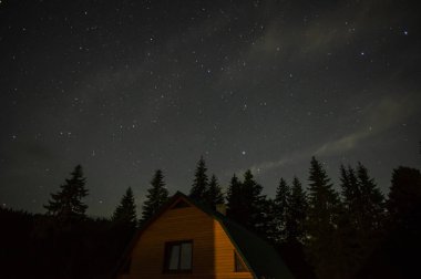 Beautiful night landscape, house among the forest against the background of the starry sky in the carpathians