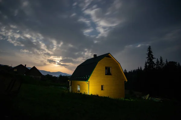 Night Landscape Wooden House Village Forest Carpathian Mountains Summer —  Fotos de Stock