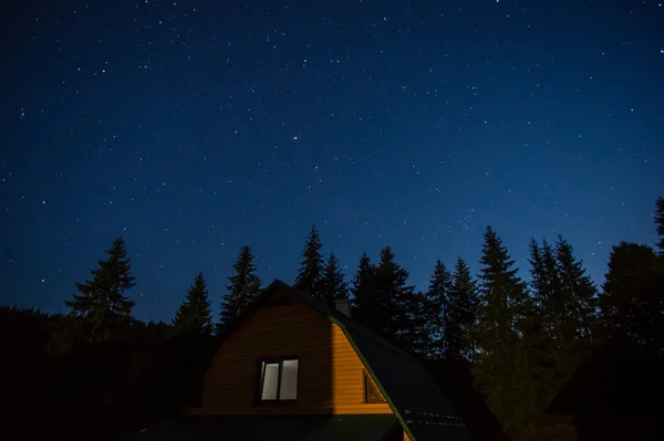 Beautiful night landscape, house among the forest against the background of the starry sky in the carpathians