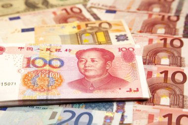Chinese money Yuan over Euro. Globalization clipart