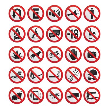 Endüstri, işyeri, dış mekan ve diğer alanlara ait işaretler için 25 adet yasak tabela koleksiyonu. Düzenlenebilir vektörler.