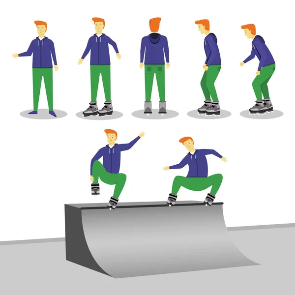 年轻人在不同姿势的轮滑上的矢量和在斜坡上做的把戏 — 图库矢量图片