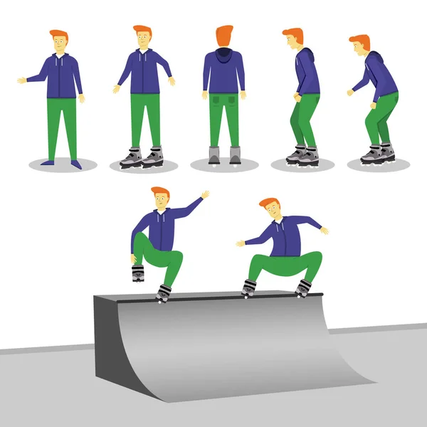 Vector Joven Patines Diferentes Poses Haciendo Trucos Rampa — Vector de stock